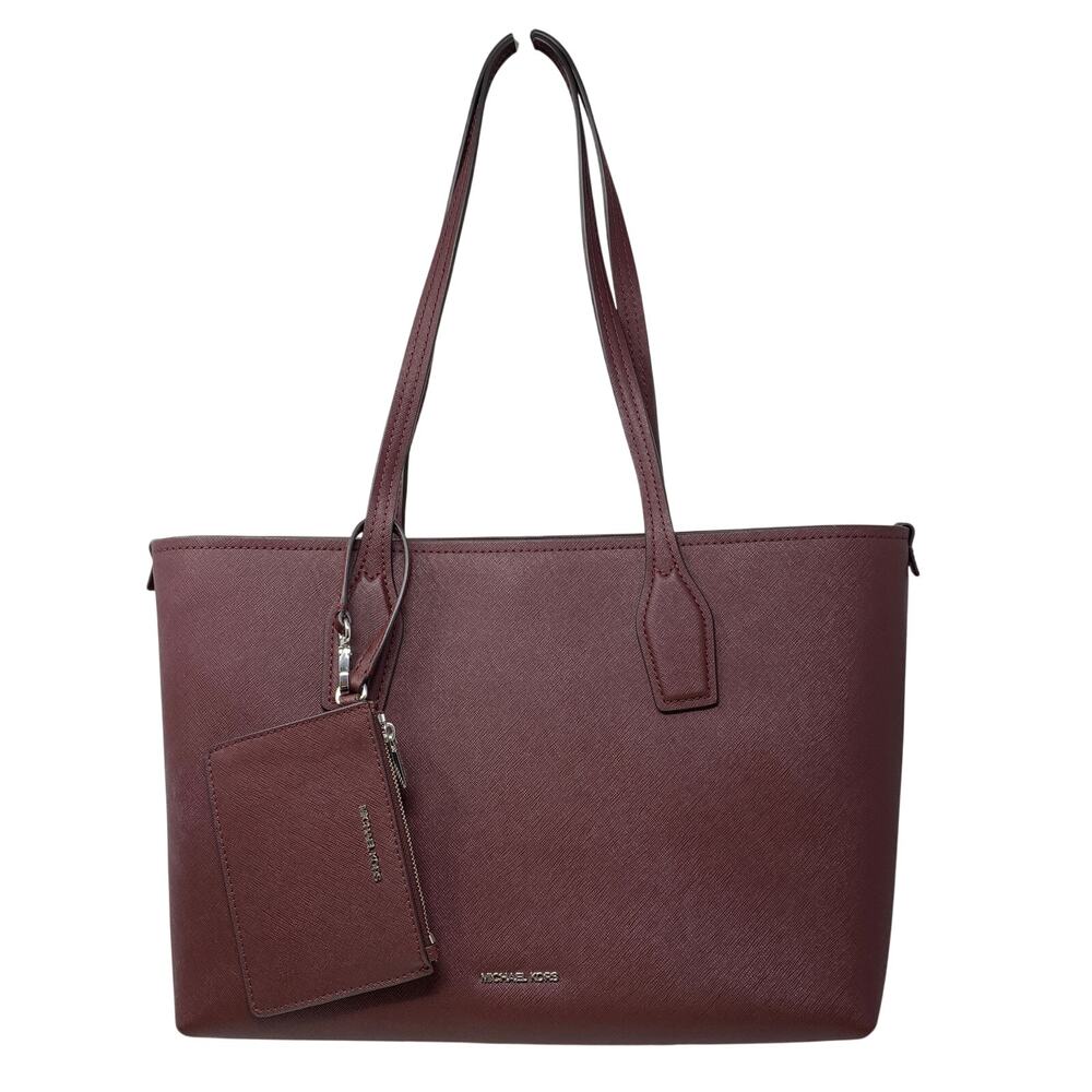 Michael Kors Large Tote Bag Burgundy Wine Saffiano Leather + Zip Pouch Wristlet